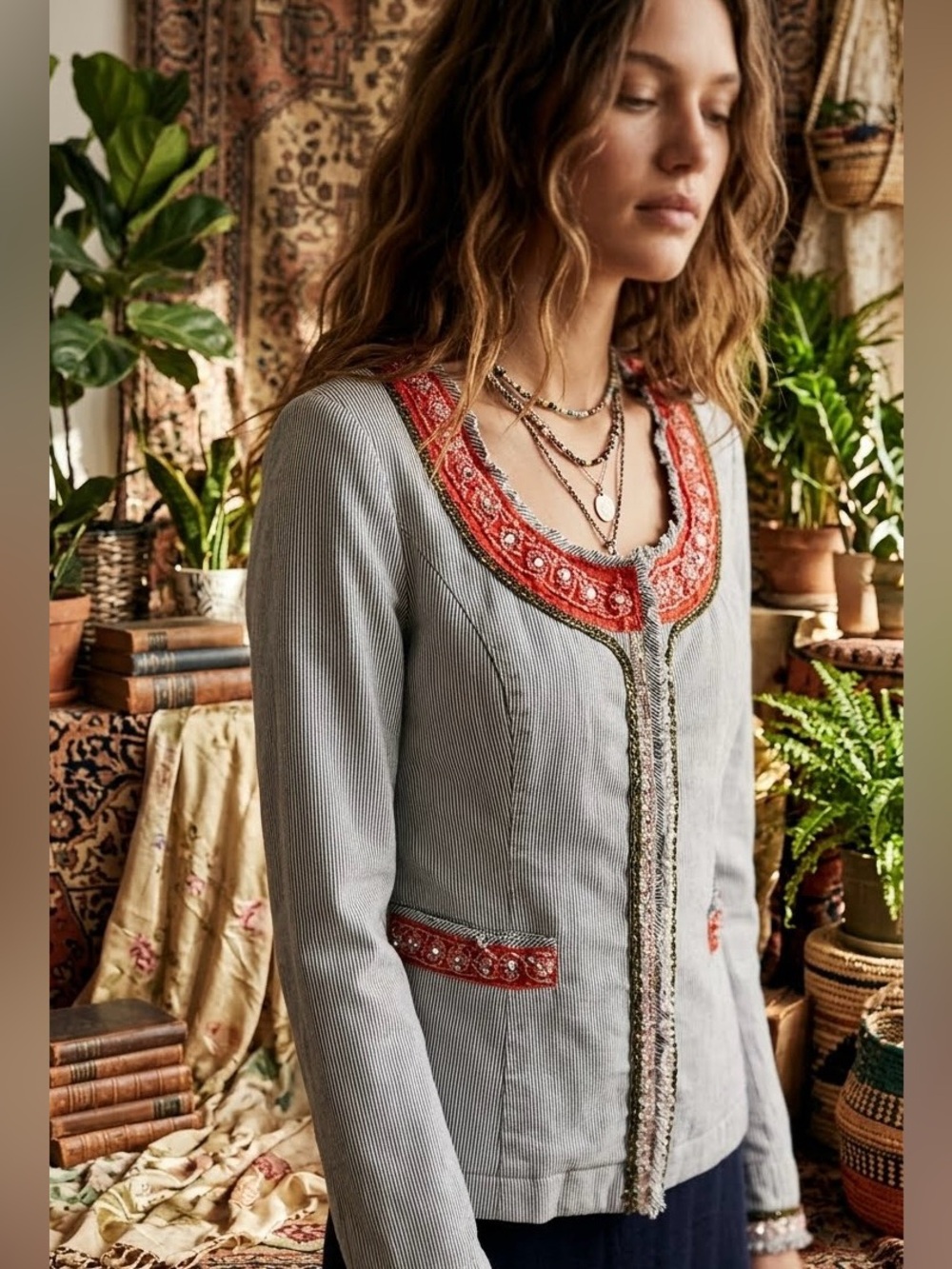 Free People My Fair Lady Cropped Pinstripe Jacket - Beaded Boho Blazer Sz 10 - Picture 2 of 9